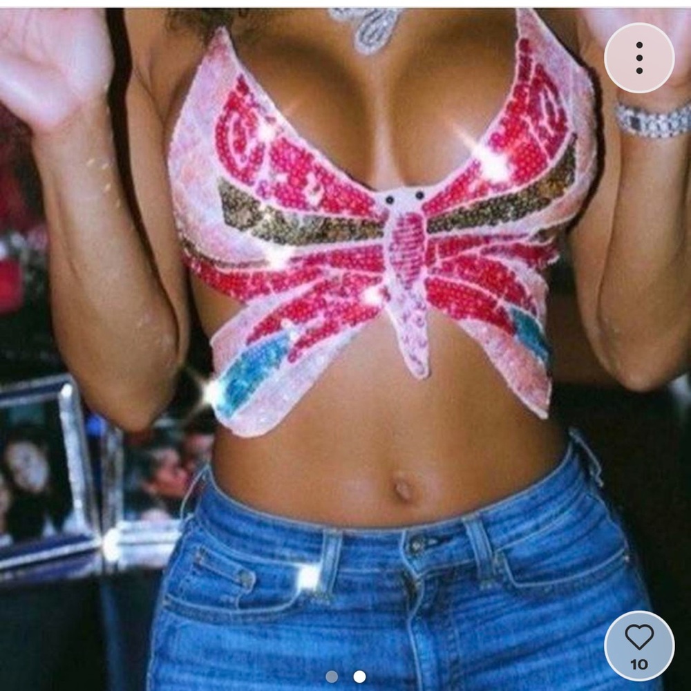 Pink sequin butterfly top w/ adjustable straps.